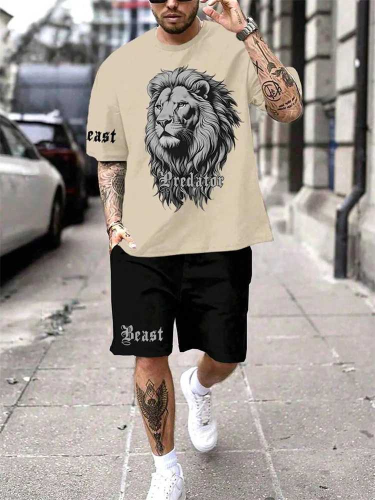 2024 New Crew Neck Short Sleeve T-shirt Fashion Shorts Set 3D Lion Print Short Sleeve Shorts 2-piece Mens Summer Sports Set W250609