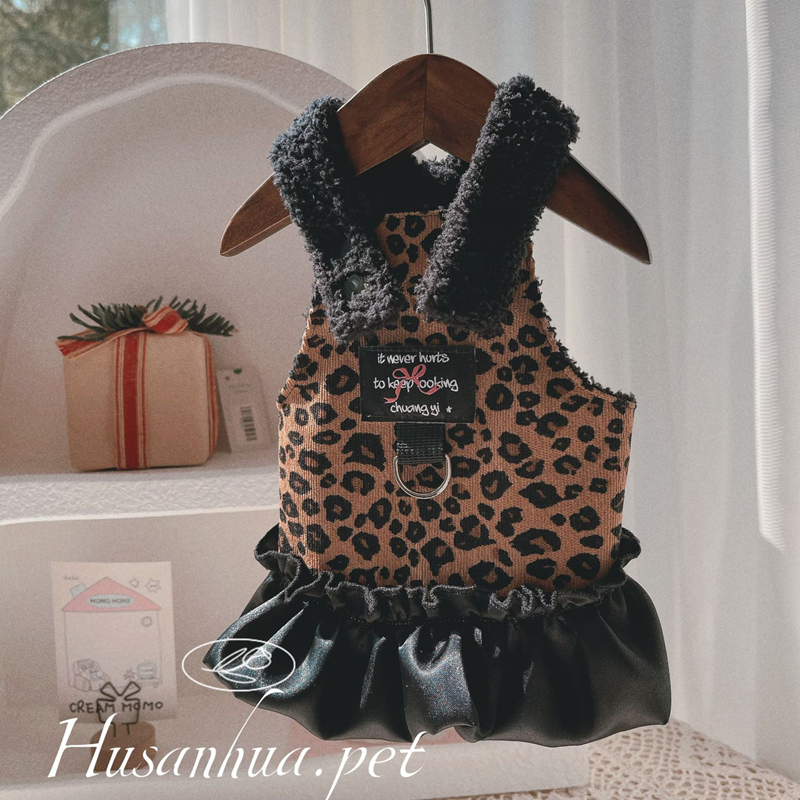 Luxury Dog Dress Clothes for Girls Female, Leopard Print Wool Lining Pet Winter Clothes with D-ring, Cartoon Cat Doll, Princess Dress Harness for Holi