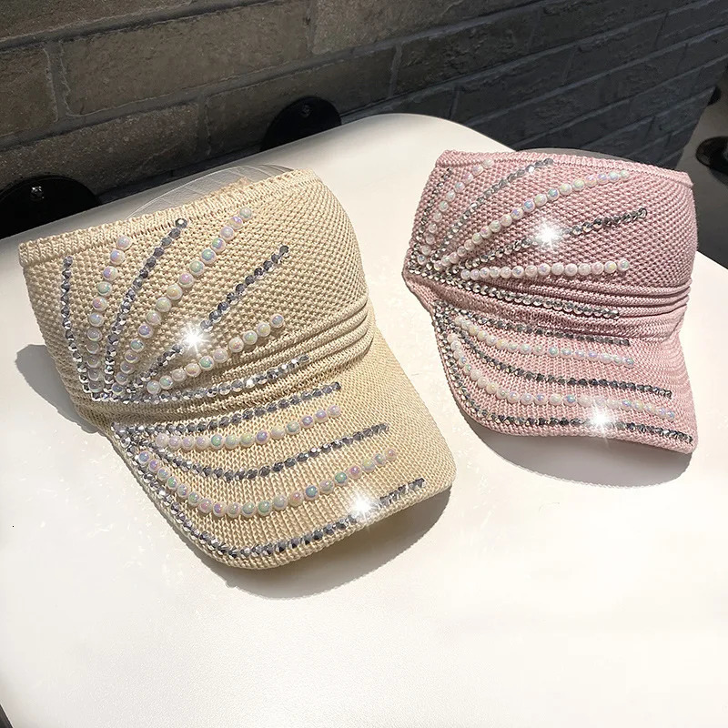 Shining Diamonds Pearls Sun Hats for Women Empty Top Visor Bling Lady Cap Casual Outdoor Sport Cap Summer Beach Sunshade Hat 250603