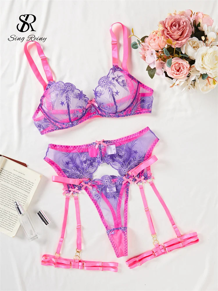 SINGREINY Fashion Star Embroidery Erotic Bra Suits Garter Strap Bodycon Sleepwear Women Patchwork Sexy Sheath Underwear Sets 250603