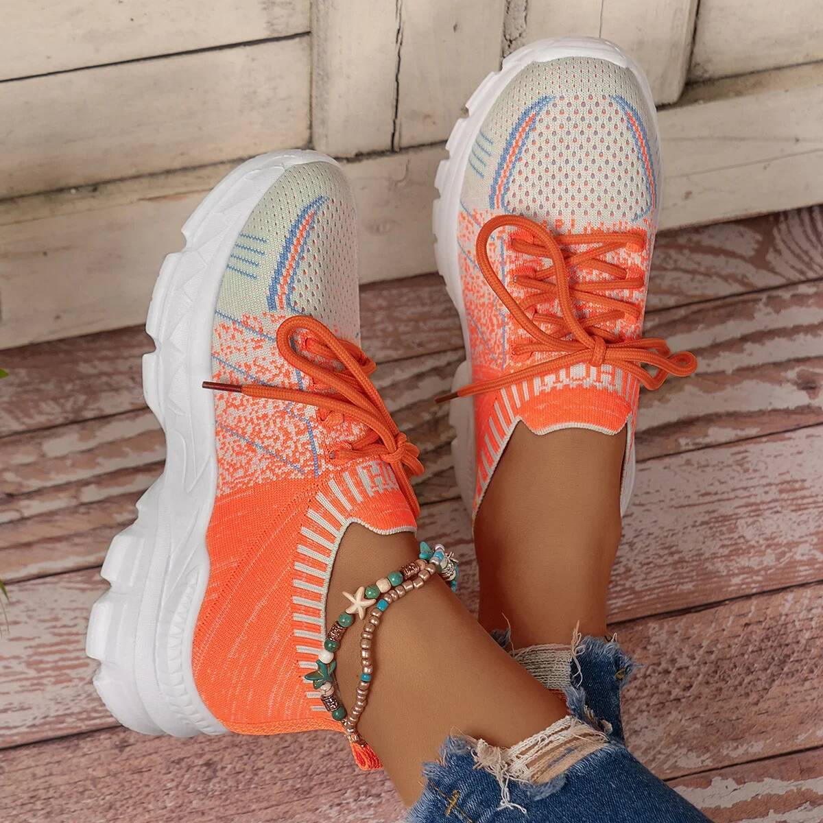 ddmyoutdoor Sneakers Women Mesh Elastic Fly Knit Thick Soft Sole Shoes Ladies Casual Breathable Lace Up Sports Zapatos De Mujer Summer Outdoor Outdoor
