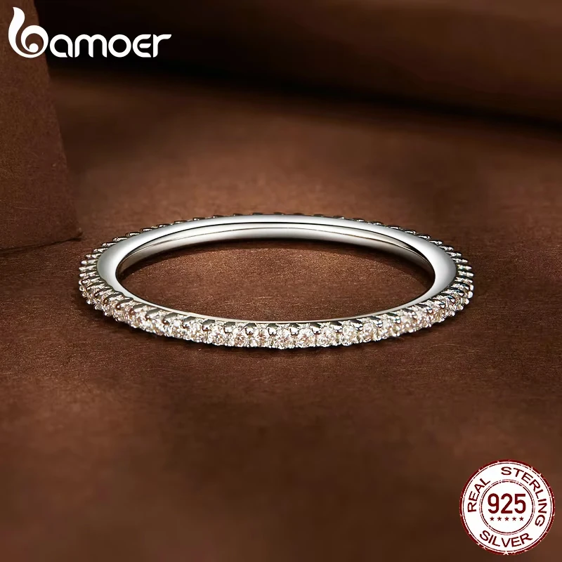 BAMOER Simple Moissanite Eternity Bands Minimalist Stackable Ring 925 Sterling Silver for Women Engagement Fine Jewelry Gift Special Occasions