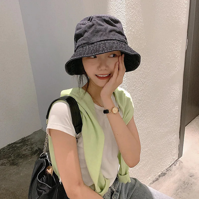 Retro Washed Cowboy Bucket Hat Women Men Wide Brim Sunhat Spring Summer Solid Color Denim Panama Fisherman Cap 250605