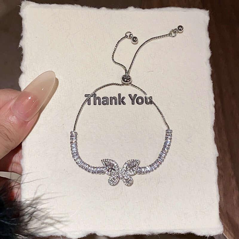 Minimalist Square Zircon Butterfly Pattern Adjustable Bracelet Korean Style Exquisite Design Wristband Commuting Internet Celebrity Jewelry for Women