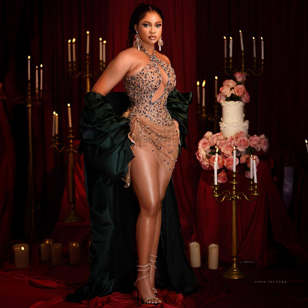 Glitter Dark Green Mermaid Prom Dress With Warp Crystal Beads Gems Bead Birthday Party Evening Gown