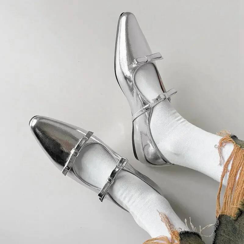 ddmyoutdoor Fashion Bow Mary Jane For Women Thick Heels Round Toe Soft Sole Single Shoes Woman Sier Leather Flats Plus Size Outdoor Outdoor Shoes