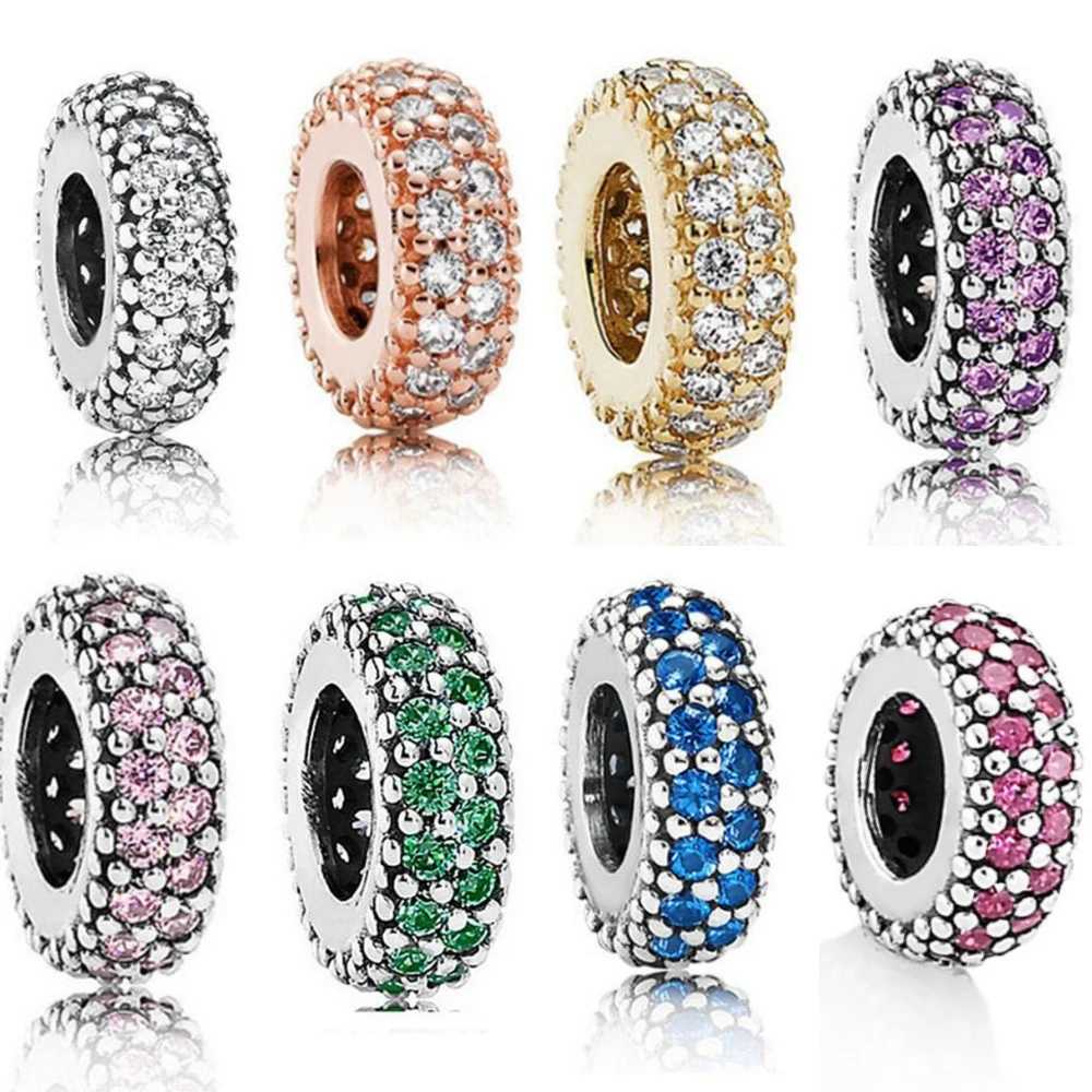 2024 Original 925 Sterling Silver Charming Fit Charming Bracelet Jewelry DIY Pink Shiny Zircon Spacer BeadsXJ250607