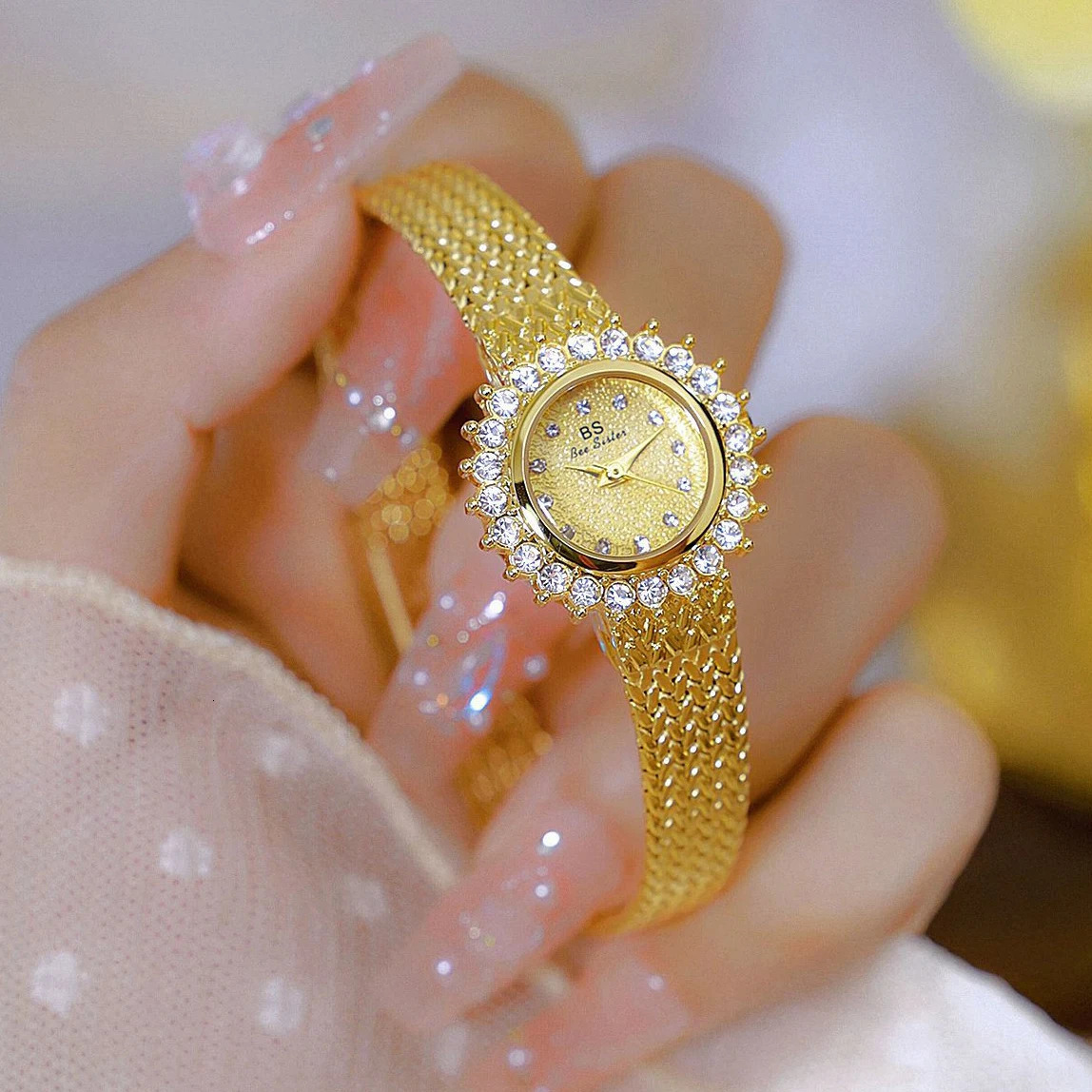Vintage Golden Ladies Watch Alloy Wheat Strap Rhinestones Quartz Watches For Wrist Womens Watches Gifts 250606