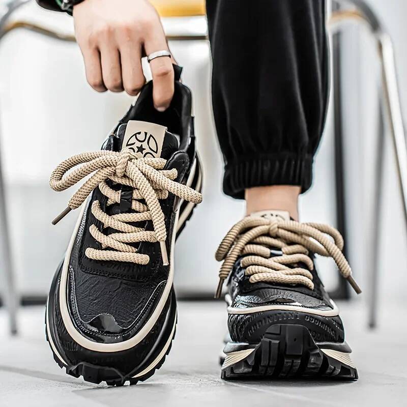 Ddmyoutdoor Men S Casual New Fashion Sport Spring Black Chunky Sneakers Comfortable Leather Platform Shoes Outdoor Shoes