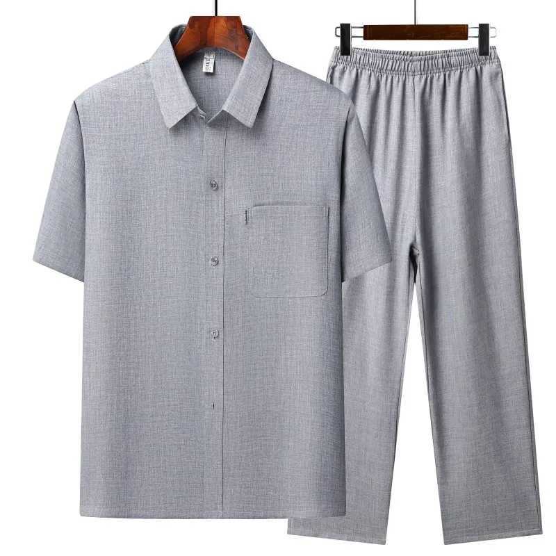Tang Suit Summer Mens Chinese Style Solid Color Short-Sleeved Suit Casual Fashion Cotton Linen Shirt + Pants 2-Piece Set W250609