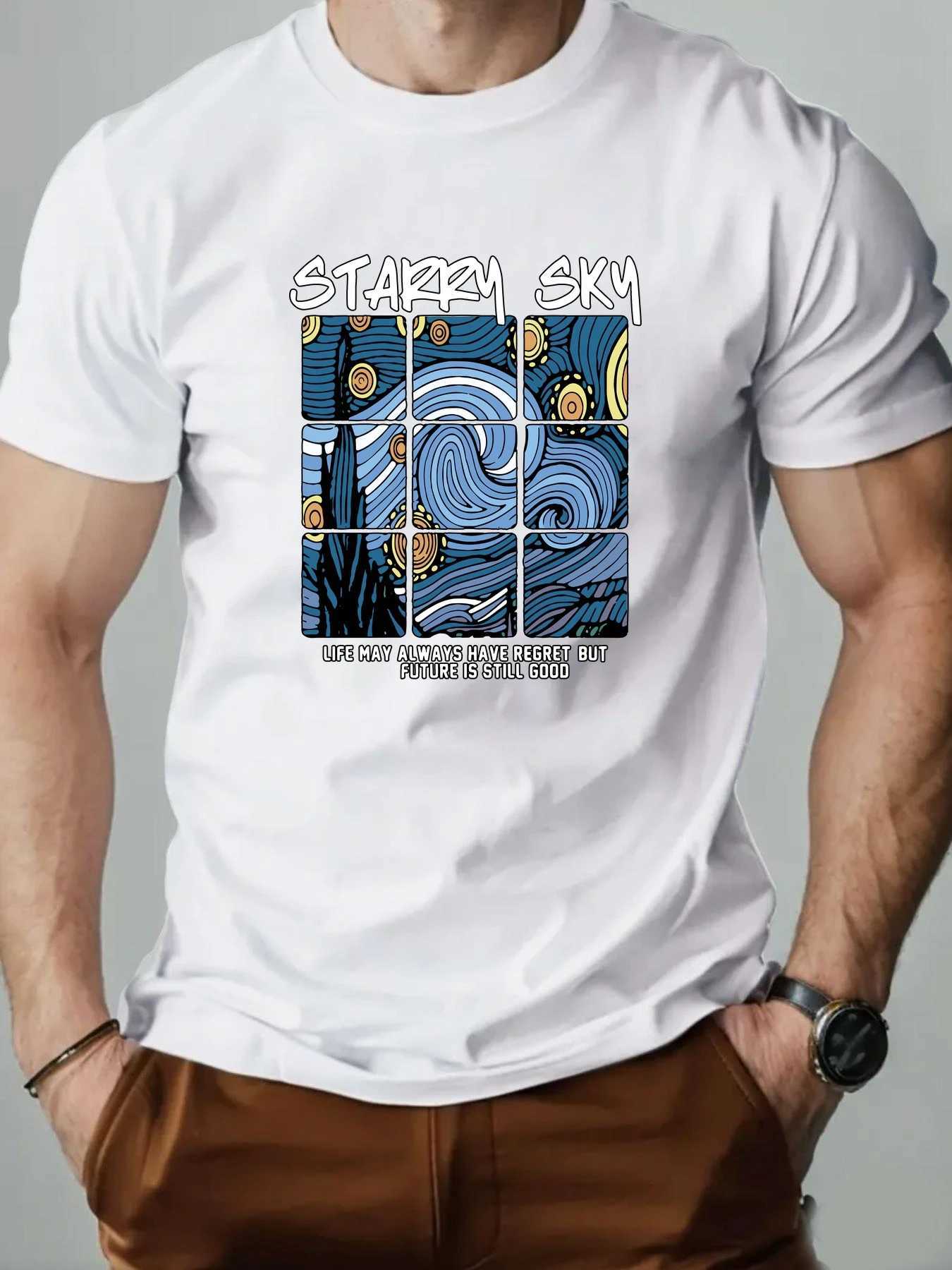 Mens T-Shirt 00% Cotton Oil Painting Pattern Print Summer Oversized Round Neck Breathable Casual Short Sleeve Fashion T Shirt W250607