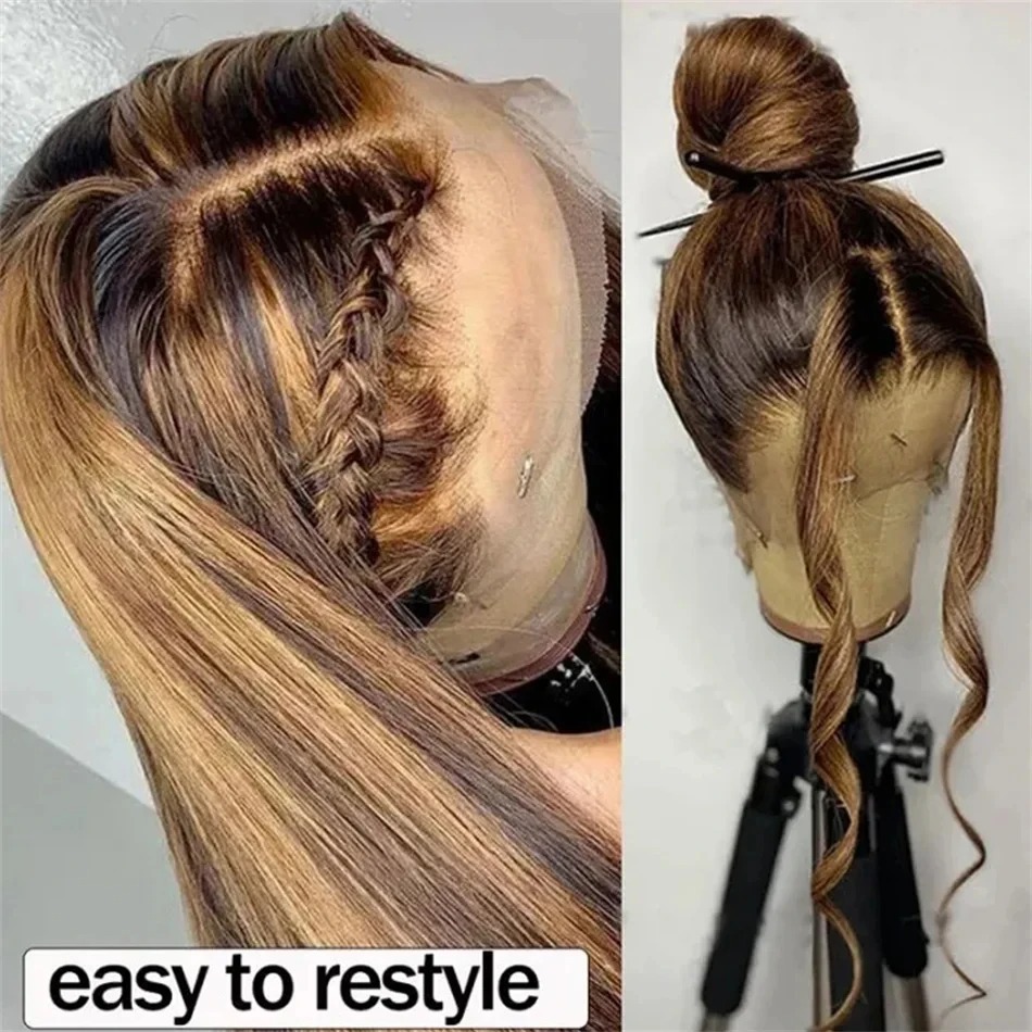 36 Inch Lace Front Wig Human Hair Ombre Highlight 13x6 HD Transparent Straight Lace Front Wigs Pre Plucked 250% Density Synthetic