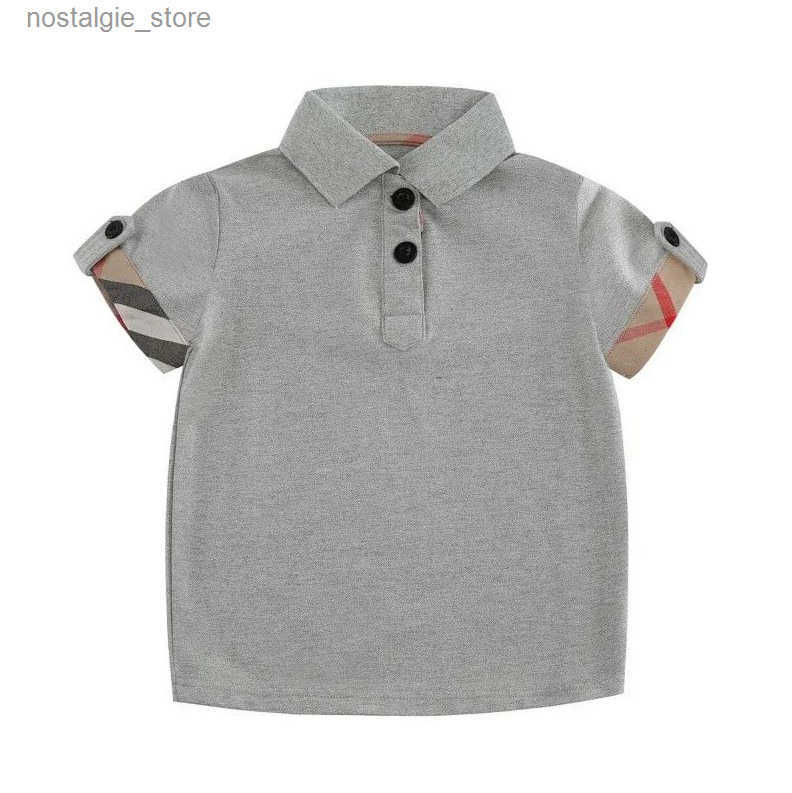 2024 Boys Plaid Cotton T-Shirts Short Sleeve Turn-Down Collar Casual Summer Tops for Kids Gray y250607BG48