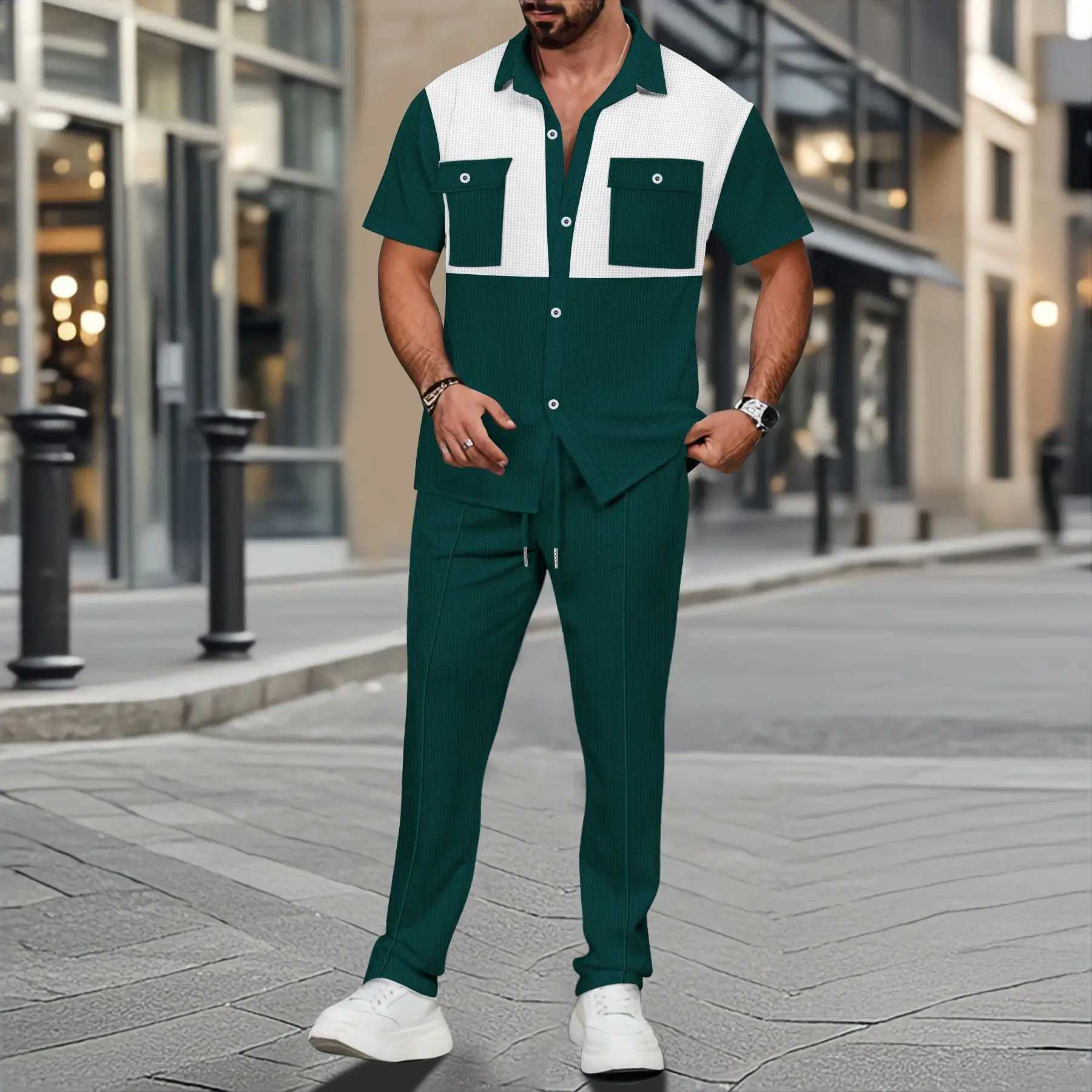 2025 Summer New Men Light Ripe Casual Solid Color Button Pocket Fashion Waffle Trend Shirt Short-Sleeved Trousers Two-Piece Set W250609