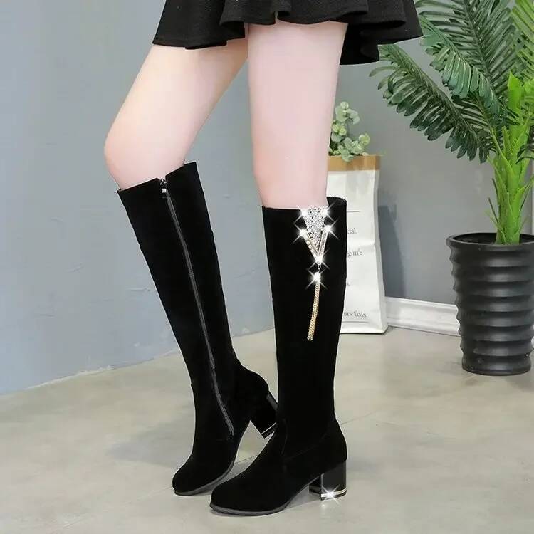 Ddmyoutdoor Women S Long Boots Fashion Rhinestone Thick Heeled High Knee High Zipper Retro Knight Boot Shoes Outdoor Shoes