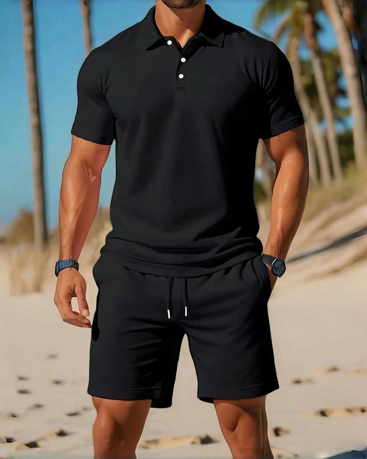 Mens Business Casual Beach Sports Two-piece Set Drawstring Elastic Waist Sports Shorts Set Button Access Control Lapel Top W250609