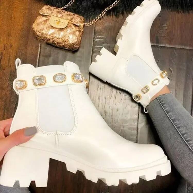 Ddmyoutdoor New Women Ankle Boots Crystal Rhinestone Slip On Platform PU Leather S Booties Spring Autumn Females Footwear Outdoor Shoes