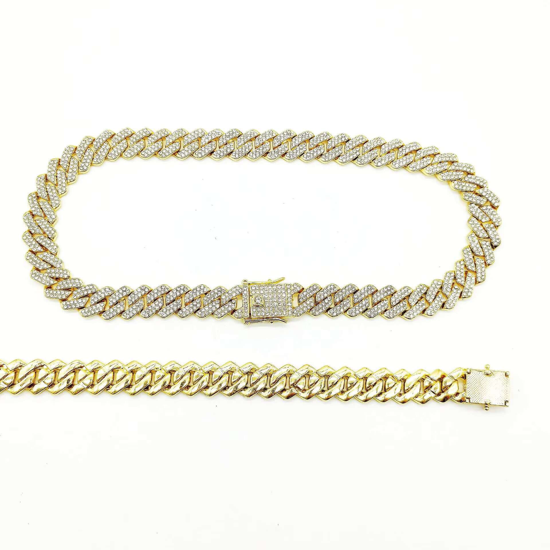 Wholesale Hip Hop Jewelry Cuban Diamond Bracelet Chain 14 mm Diamond Gold Plated Bling Rhinestone Cuban Link Chain Necklace