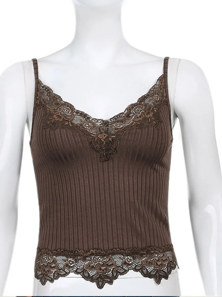 Gothic Basic Bodycon Women Camis Grunge Punk Black Casual Lace Trim Crop Tops Ribbed Backless Alt Clothes Summer 250527