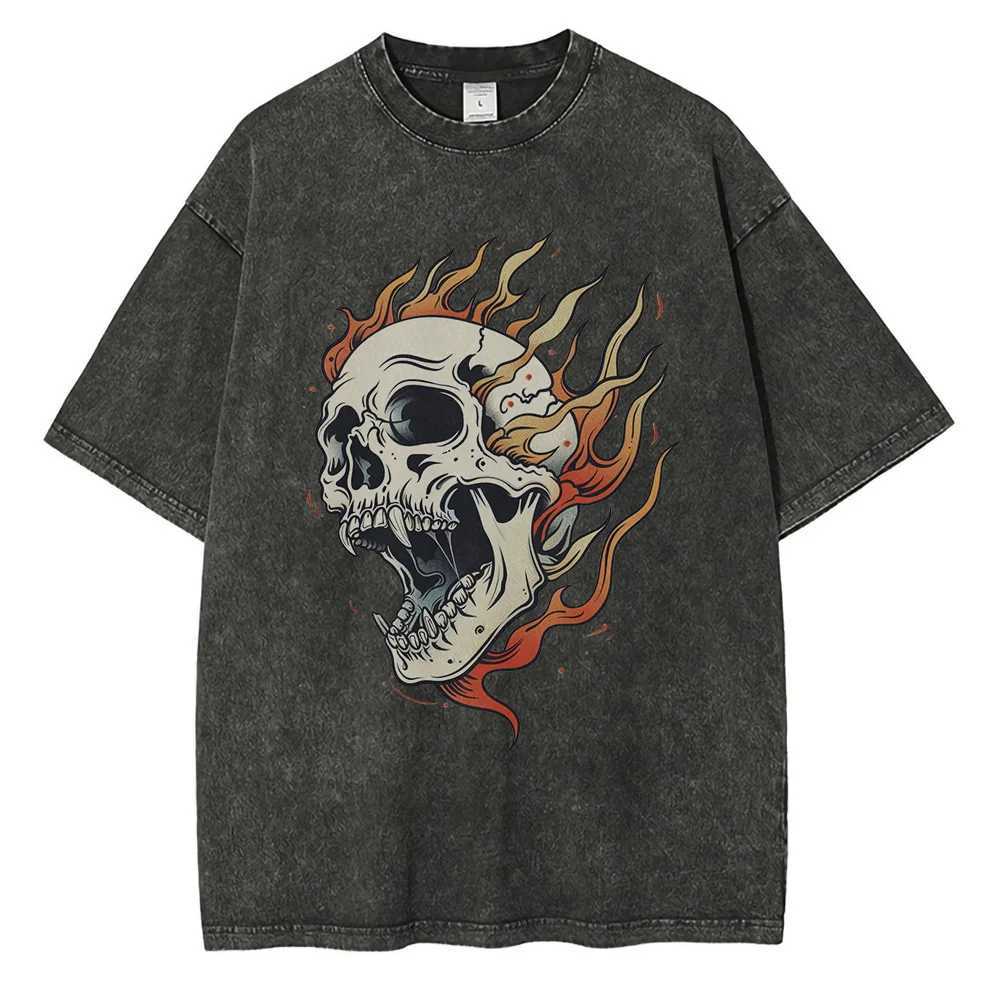 Flame Skull Graphic T Shirts Heavyweight Pure Cotton Distressed Washed T Shirt Drop Shoulder Retro Oversized Mens Tops W250607