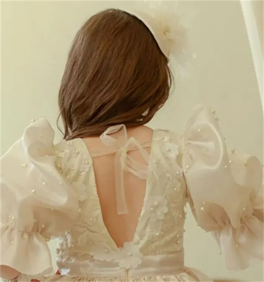 Flower Girl Dresses Ivory Fluffy Stain Lace Applique Skirt Wedding Elegant Flower Child's First Communion Birthday Party Dress