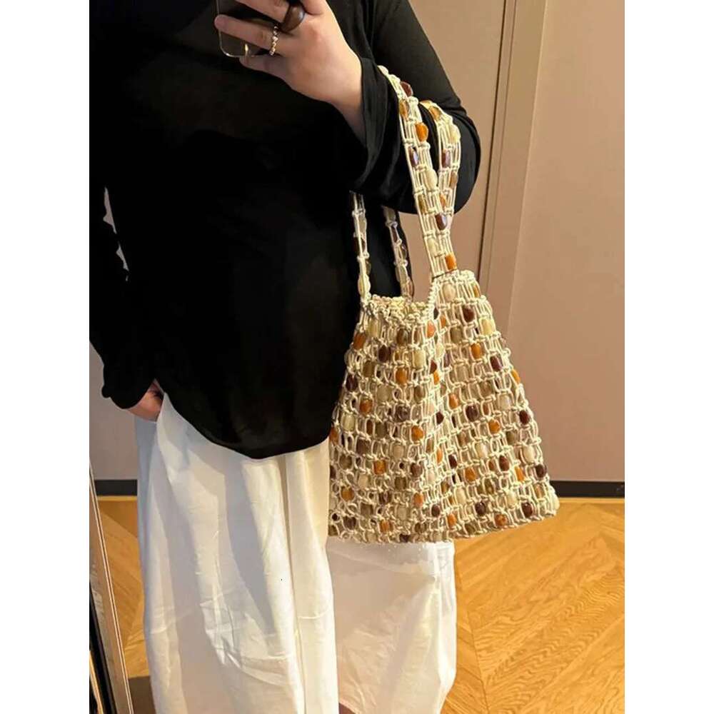 Beaded woven bag Bucket Phone Purse Handmade Hollow Out Cotton Rope Crochet Bag Handbag For Girls
