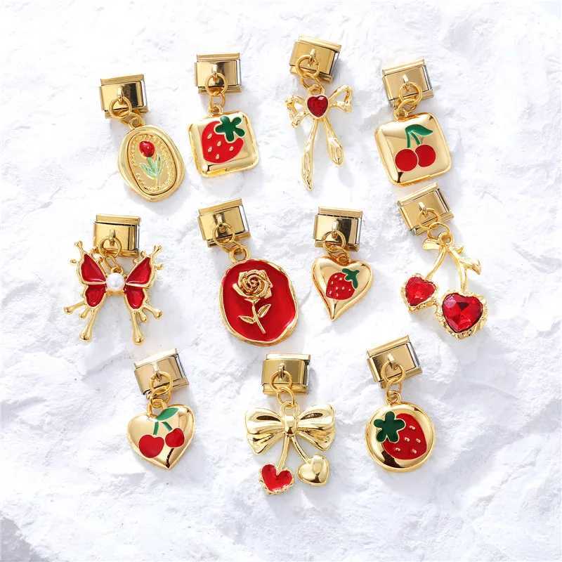 Golden Charm Sterry Cherry Butterfly Rose Mushroom Italian Charm Links Fit 9mm Bracelet Stainless Steel DIY Jewelry Making XJ250607