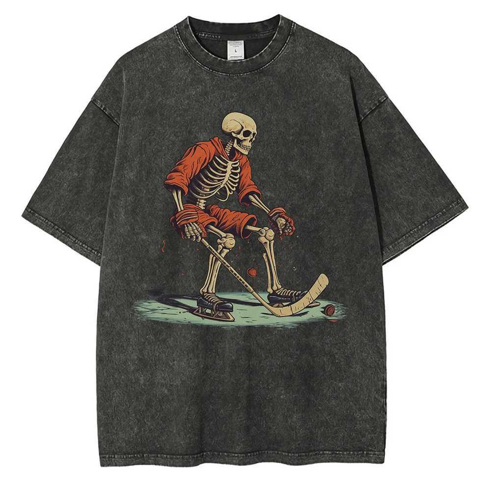Pure Cotton Heavy Distressed Washed Graphic T-shirts Hockey Skull Printed T Shirt Dropped Shoulder Vintage Oversized T-shirt W250607