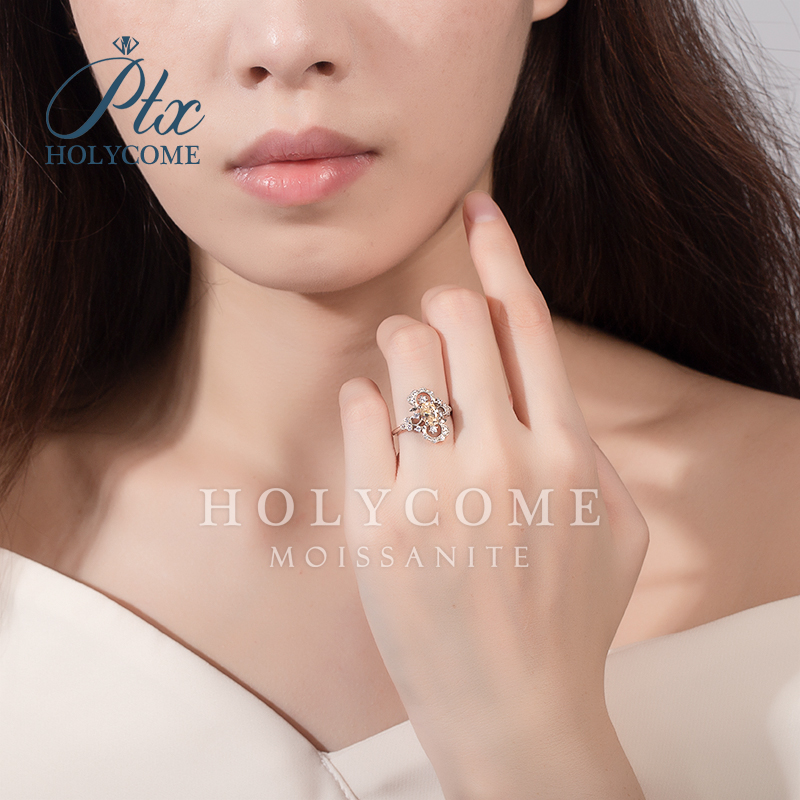 Classic 925 Sterling Silver Finger Rings 18K Gold Plated Champagne Moissanite 1CT Diamond Gift Wedding Party Cluster Ring for Women