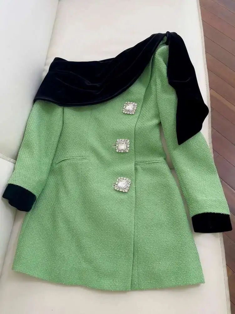 IEQJ Green Diamonds Diagonal Shoulder Tweed Dress Women Block Color Long Sleeve Single Breasted Dresses Female 3WM2566 250603