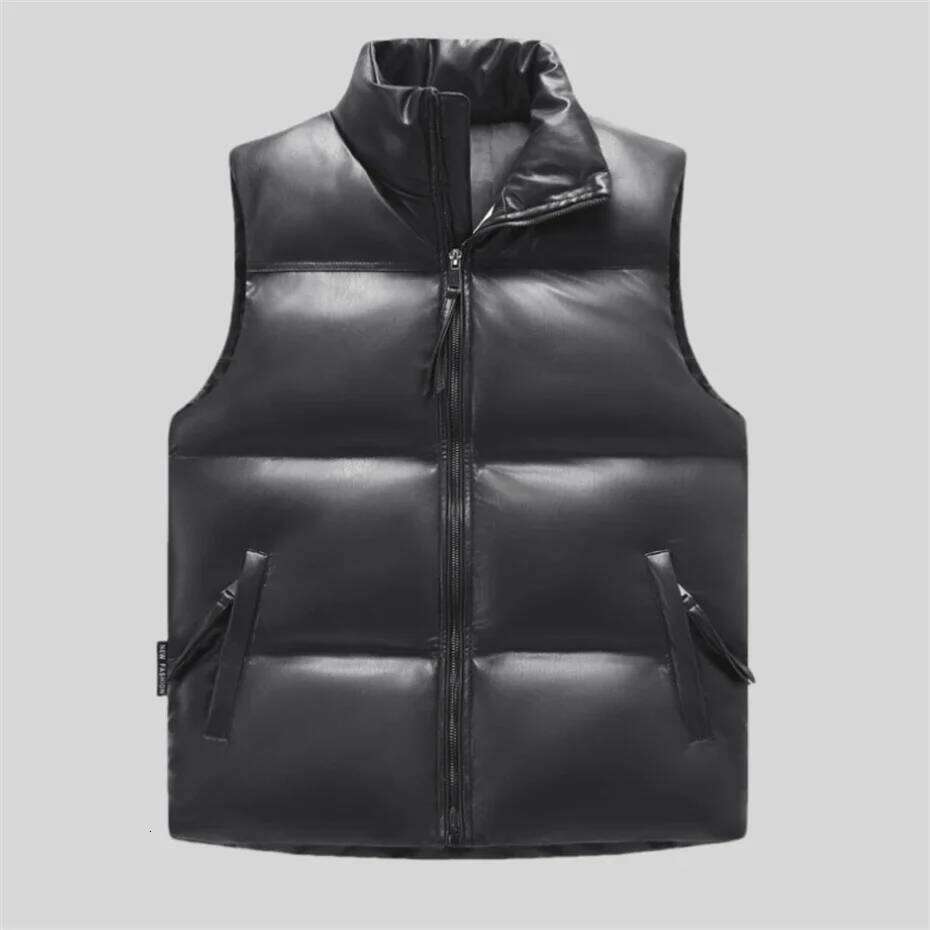 Windproof PU Leather Vest for Men Zipper Warm Thicken Waistcoat Thick Gilet Bread Winter Sleeveless Jacket Padded Coat