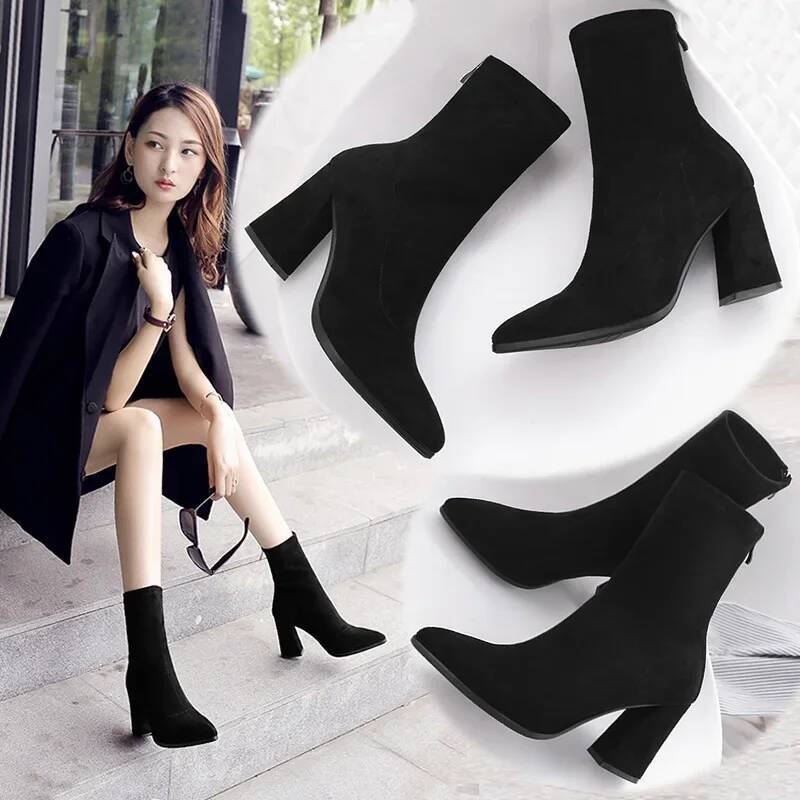 Ddmyoutdoor Ankle Chunky High Heel Sock Women Autumn Fashion Pointed Frosted Suede Short Female Pumps Sexy Warm Boots Outdoor Shoes