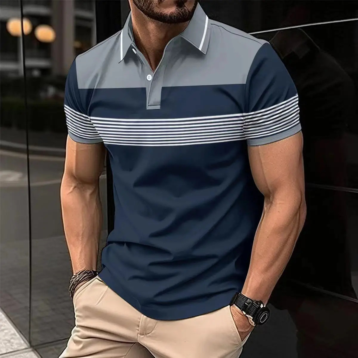 2025 -Selling Mens T-Shirt Short Sleeve Color Contrast Striped Print Button Business fashion Loose Mens Street POLO Shirt 250605