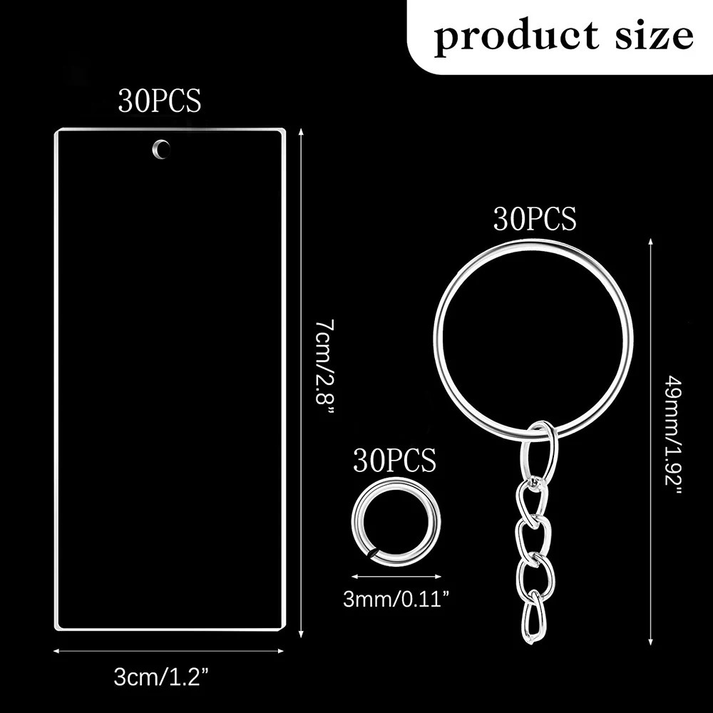 90Pcs Transparent Acrylic Keychain Blank Charms Key Chains Jump Ring for DIY Craft Ornament Engrave Painting 250606