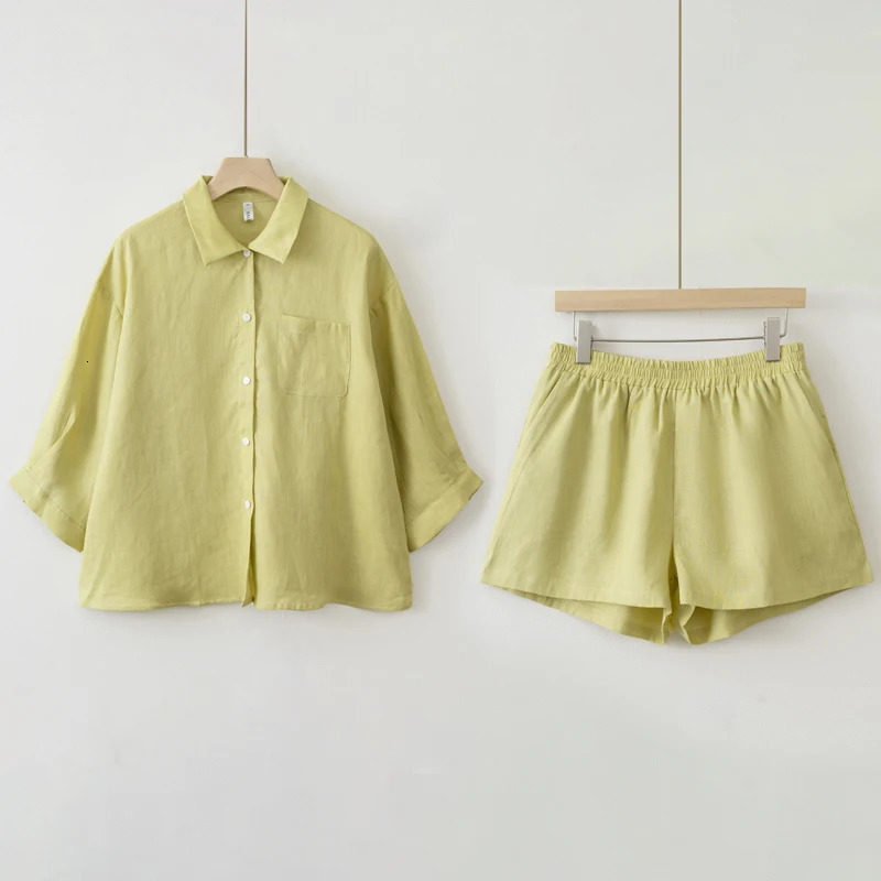 Women Summer Casual Linen Blouse Shorts Sets 250606