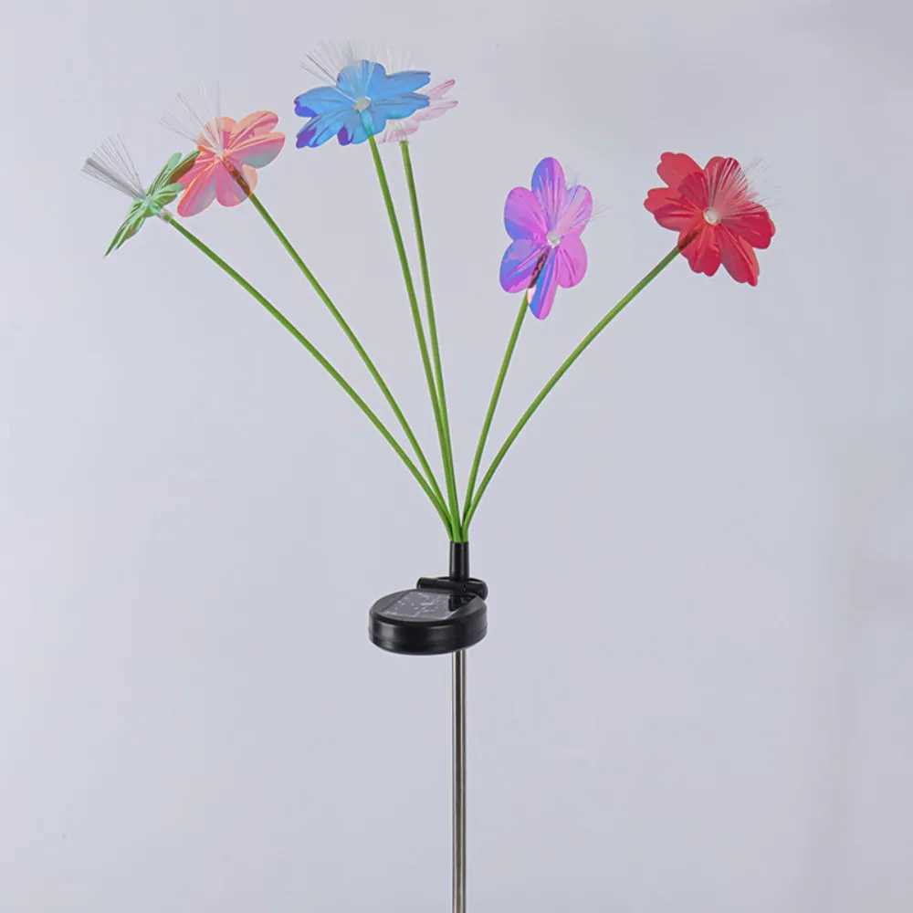 1PC 6Head Solar Large Flower Fiber Optic Ground Plug Light Suitable for Courtyard Garden Lawn Outdoor Camping Party Decoration W250607