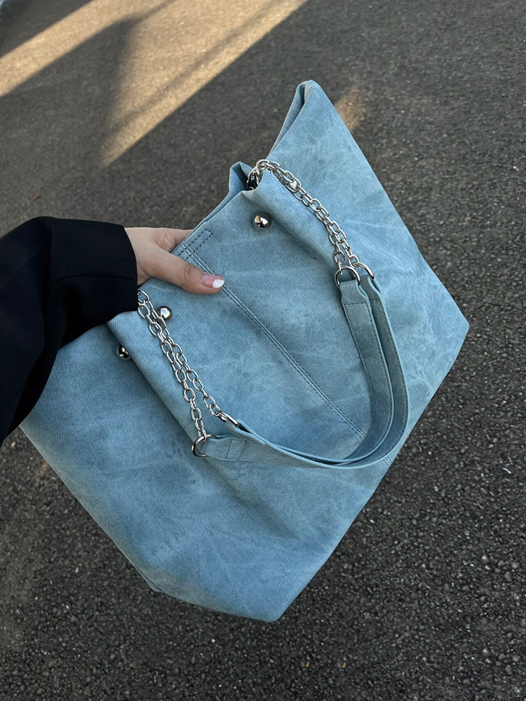 designer 2025 New Niche Design Student Large Capacity Tote Bag for Women High-end Denim Pattern Chain Shoulder Handbag