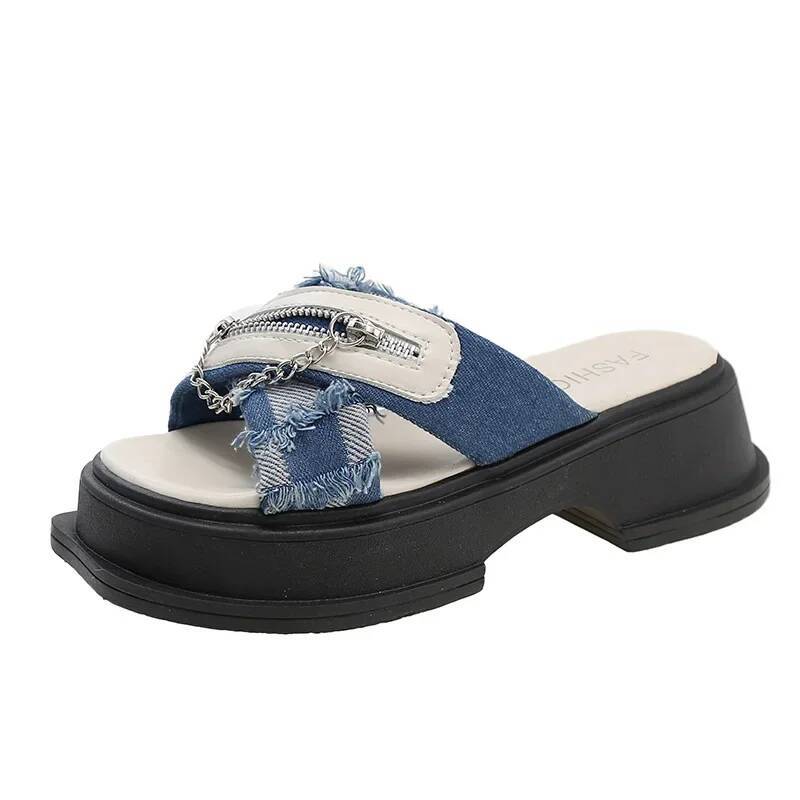 Ddmyoutdoor Thick Soled Slippers For Women Summer Chain Denim Chunky Heel Fashion Cross Open Toe Outdoor Beach Woman Walking Slides Shoes outdoor shoe