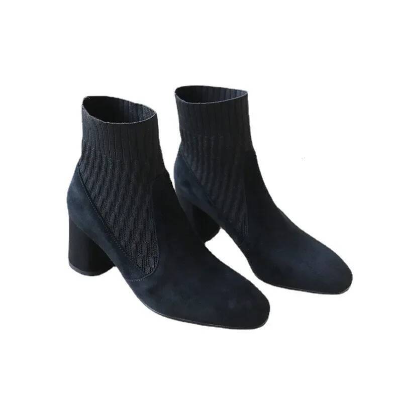 Ddmyoutdoor Pointed Ankle Winter New Casual Medium Heel Knitted Sock Boots Women Faux Suede Female Heels Outdoor Shoes