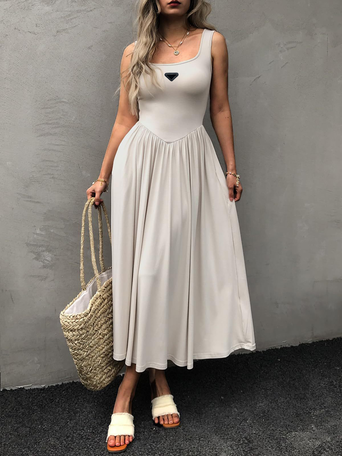 Casual Long Dresses Summer Designer for woman Fashion Elegant and fashion vest with square collar mid waist pleated Dress women clothing