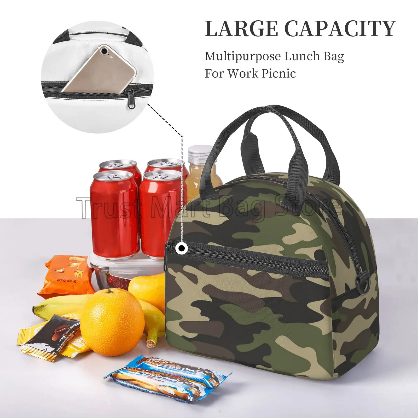 Green Camo Insulated Lunch Bag for Women Men Camouflage Waterproof Cooler Thermal Lunch Tote for Office Picnic Food Bento Box 250606