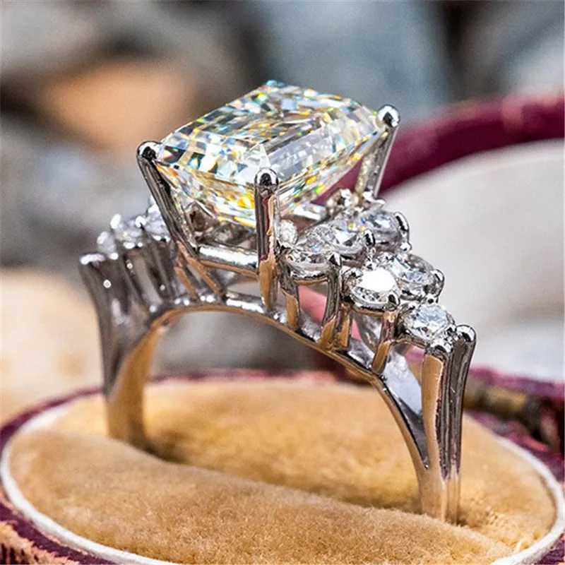 925 Silver White Square Cubic Zirconia Wedding Band Ring for Women Luxury Trendy Engagement Eternity Jewelry Female Accessory XJ250606