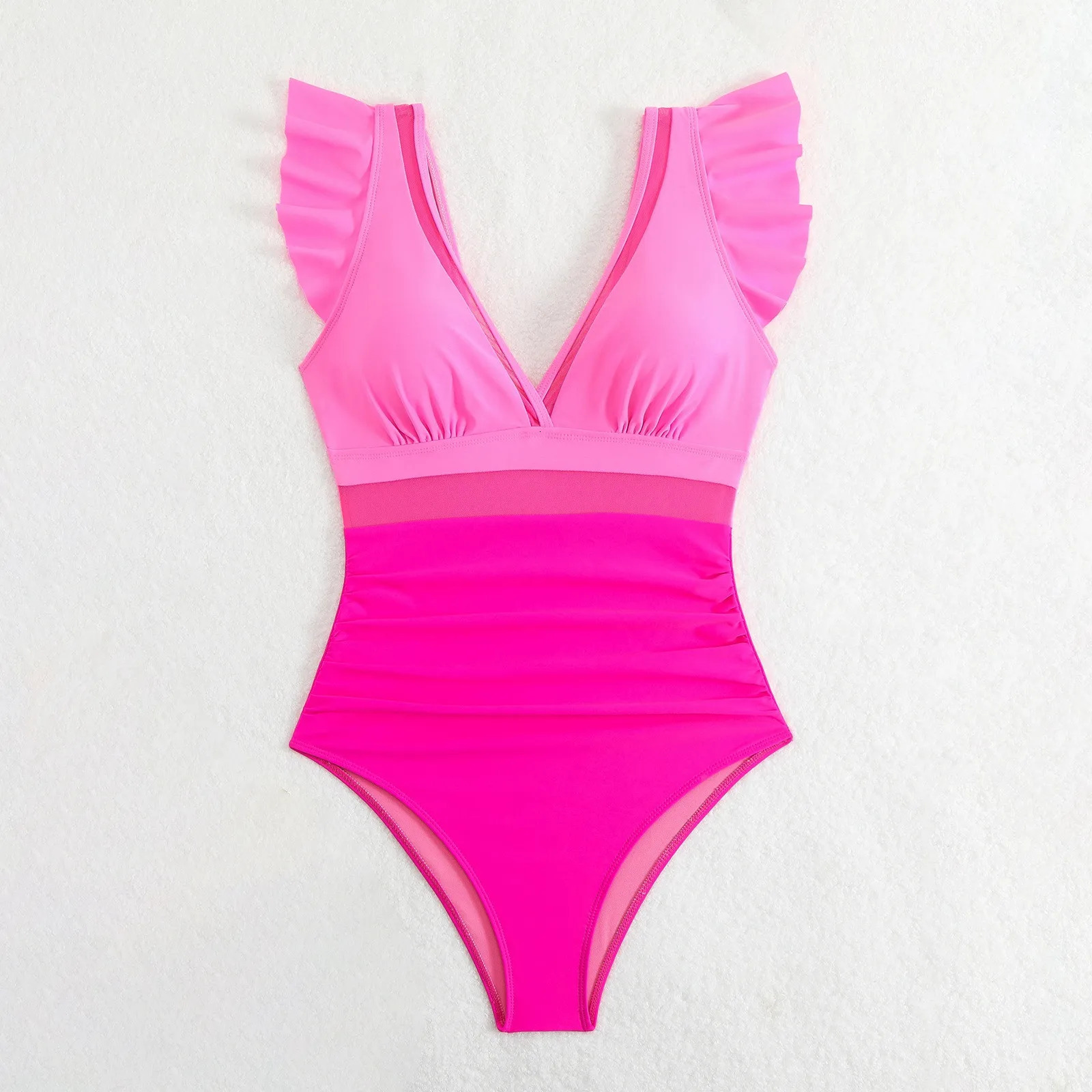 2025 Ruffles Sleeve Swimsuit Sexy VNeck Patchwork Color Swimwear Monokini High Waist Swimming Suit Beachwear 250530