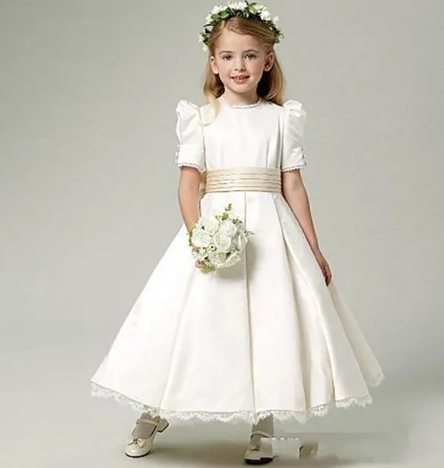 2025 Vintage Flower Girl Dress Jewel Neck Ankle Length Bubble Short Sleeves Lace Hemline Ivory Satin Party Dresses With Bow Sash