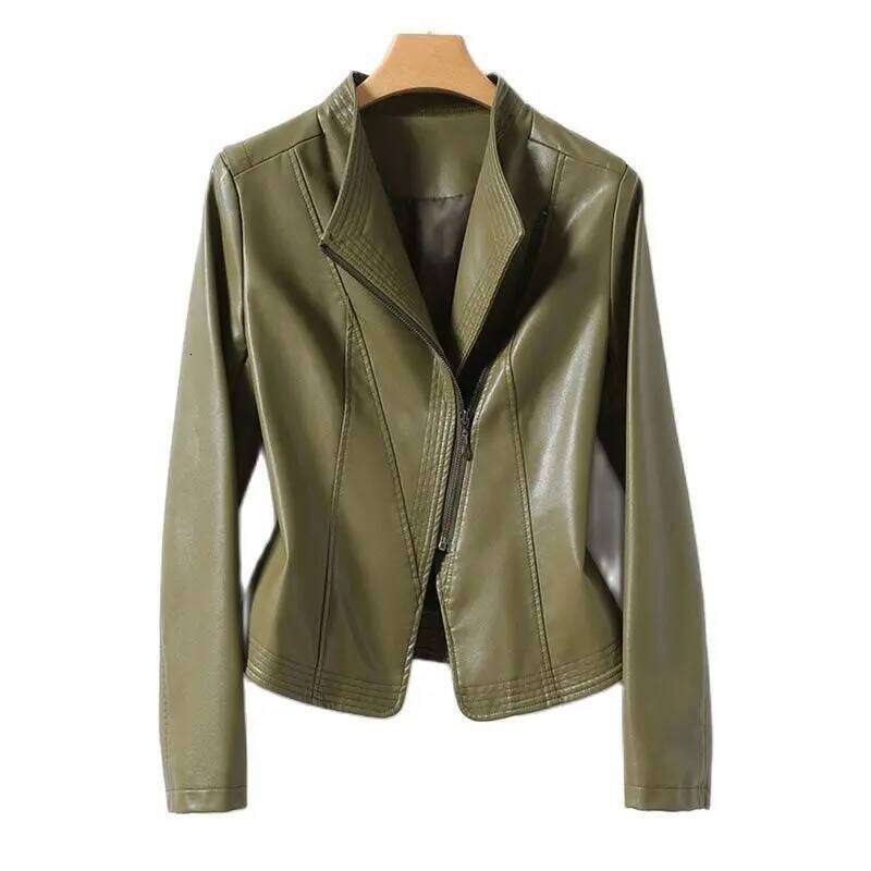 Autumn Winter Sheepskin Jacket Women Short Coat Slim Inclined Zipper Casual Tops Lady Small Outerwear Leather Blazer Coats