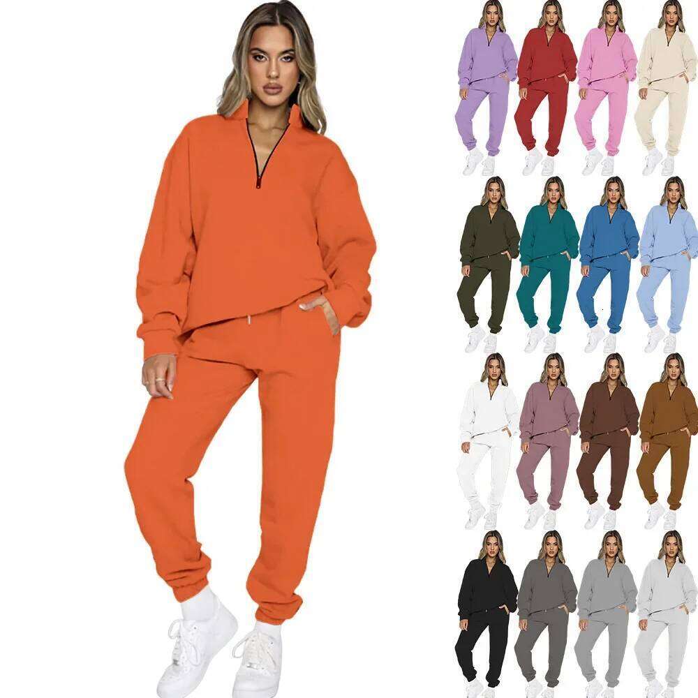 2024 Cross-Border Women's Autumn/Winter Zipper-Pullover Long Sleeve Sweatshirt 2-Piece Set Sports Suit