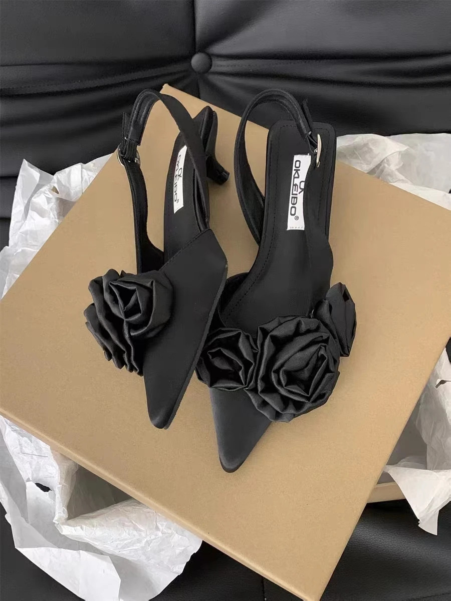 Women Sandal Fashion Flower Ladies Elegant Dress Slingback Shoes Thin Low Heel Dress Mules Pumps 250605