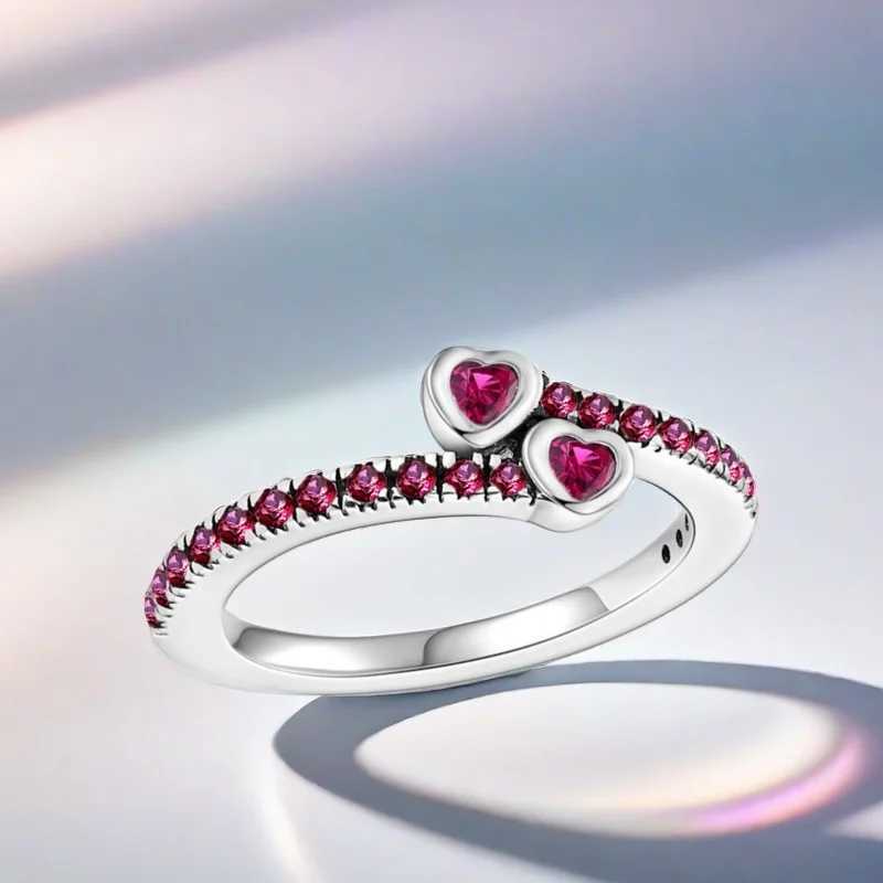 New 925 Silver Ring Zircon Shining Red Double Love Ring Original S925 Finger Wedding Ring DIY Women Fine Jewelry Gift XJ250606