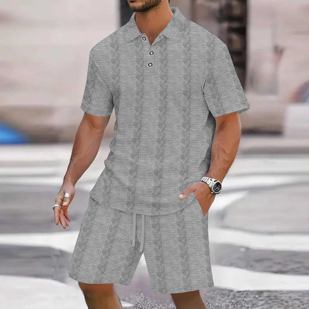 2025 New Mens Summer Jacquard Solid Color Set Casual Beach Style Lapel Opening Short-Sleeved Drawstring Shorts Two-Piece Set W250609