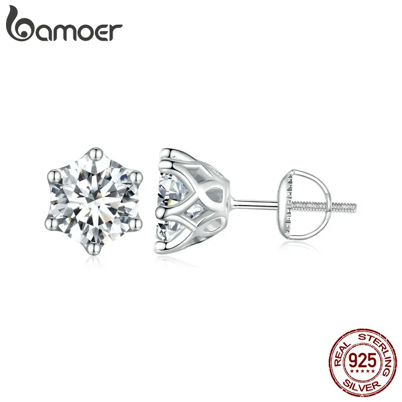 BAMOER Classic Moissanite Stud Earrings, S925 Silver D Color Brilliant Round Cut Lab Created Diamond Wedding 18k Gold Earrings Gift Women Man Romantic